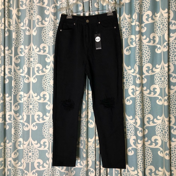 Boohoo Denim - Boohoo Blue High Waist Distressed Mom Jeans